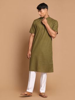 Vastramay - Dark Green and White Cotton Linen Kurta with Pyjama (Set of 2)