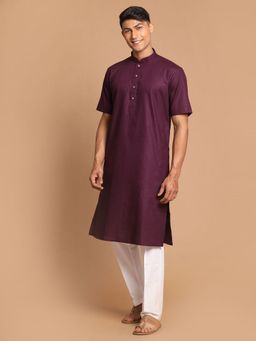 Vastramay - Purple and White Cotton Linen Kurta with Pyjama (Set of 2)