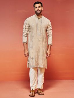 Vastramay - Beige and Cream Silk Blend Kurta and Pyjama (Set of 2)