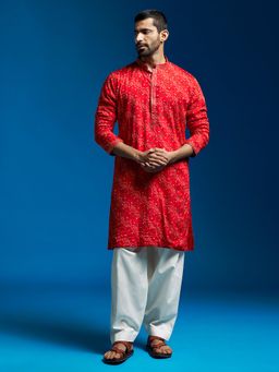 Vastramay - Red and Cream Chinon Kurta with Pyjama (Set of 2)