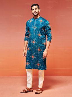 Vastramay - Turquoise Chinon Kurta with Pyjama (Set of 2)