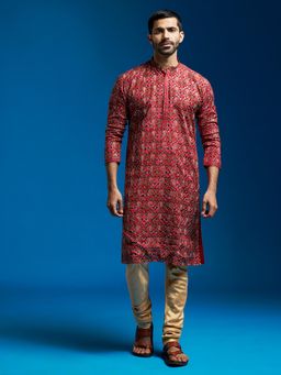 Vastramay - Red Chinon Kurta with Pyjama (Set of 2)