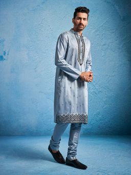 Vastramay - Gray Silk Blend Kurta with Pyjama (Set of 2)