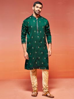 Vastramay - Bottle Green Silk Blend Kurta with Pyjama (Set of 2)