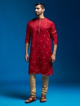 Vastramay - Maroon Silk Blend Kurta with Pyjama (Set of 2)