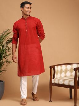 Vastramay - Red and White Pure Cotton Kurta with Pyjama (Set of 2)