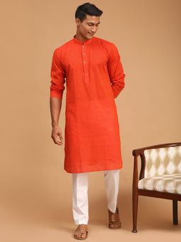 Vastramay - Orange and White Pure Cotton Kurta with Pyjama (Set of 2)