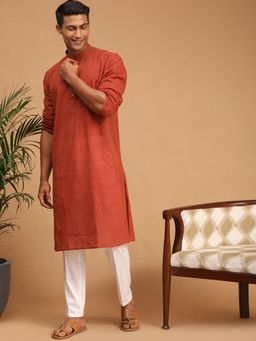 Vastramay - Rust and White Pure Cotton Kurta with Pyjama (Set of 2)