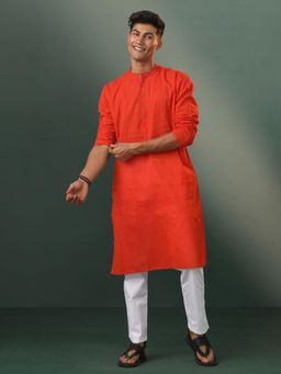 Vastramay - Orange and White Pure Cotton Kurta with Pyjama (Set of 2)