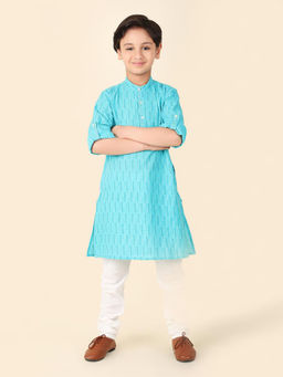 Fabindia - Blue Cotton Knee Length Hand Block Print Roll-Up Sleeve Kurta