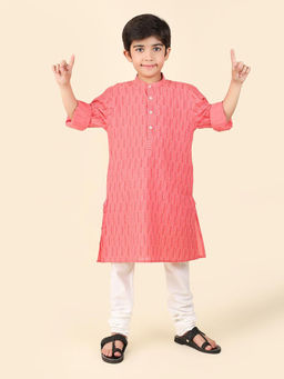 Fabindia - Peach Cotton Knee Length Hand Block Print Roll-Up Sleeve Kurta