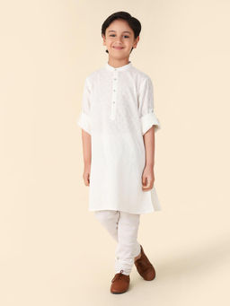 Fabindia - White Cotton Thigh Length Woven Print Roll-Up Sleeve Kurta