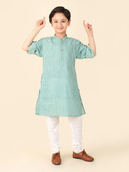 Fabindia - Teal Cotton Knee Length Hand Block Print Roll-Up Sleeve Kurta