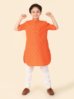 Fabindia - Orange Cotton Knee Length Bandhani Print Roll-Up Sleeve Kurta
