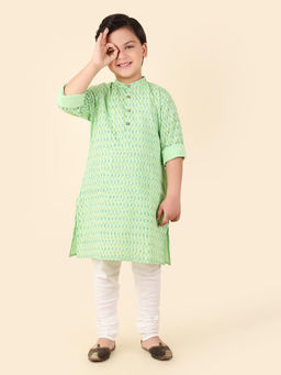 Fabindia - Light Green Cotton Knee Length Hand Block Print Regular Sleeve Kurta