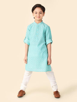 Fabindia - Teal Cotton Knee Length Hand Block Print Regular Sleeve Kurta