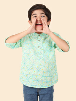 Fabindia - Teal Cotton Waist Length Hand Block Print Roll-Up Sleeve Kurta