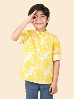 Fabindia - Yellow Cotton Waist Length Floral Print Roll-Up Sleeve Kurta