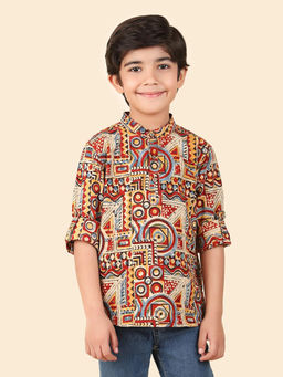 Fabindia - Maroon Cotton Waist Length Kalamkari Print Roll-Up Sleeve Kurta