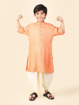 Fabindia - Orange Viscose Blend Knee Length Striped Regular Sleeve Kurta