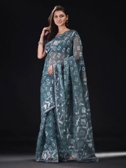 Beatitude - Teal Blue Cotton Silk Woven Jacquard Jamdani Saree with Unstitched Blouse