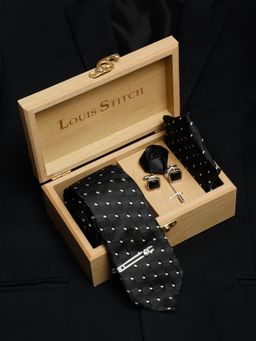 Louis Stitch - Men Raven Black Silk Necktie Accessory Gift Set