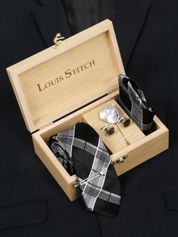 Louis Stitch - Men Checkered Black Silk Necktie Accessory Gift Set