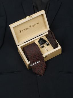 Louis Stitch - Men Black Silk Necktie Accessory Gift Set