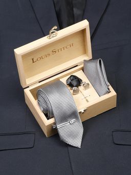 Louis Stitch - Men Checkered Grey Silk Necktie Accessory Gift Set
