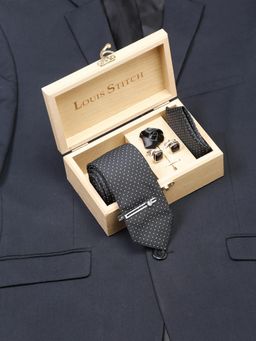 Louis Stitch - Men Polka Dots Black Silk Necktie Accessory Gift Set