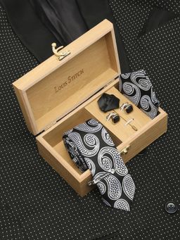 Louis Stitch - Men Midnight Black Silk Necktie Accessory Gift Set