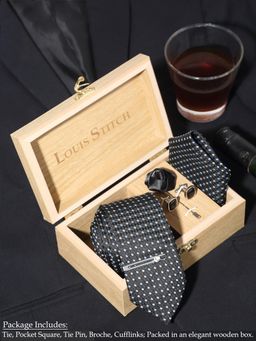 Louis Stitch - Men Polka Black Silk Necktie Accessory Gift Set