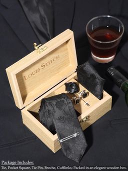 Louis Stitch - Men Floral Black Silk Necktie Accessory Gift Set