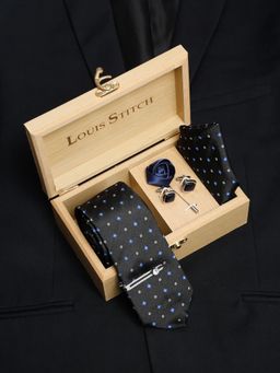 Louis Stitch - Men Metal Black Silk Necktie Accessory Gift Set