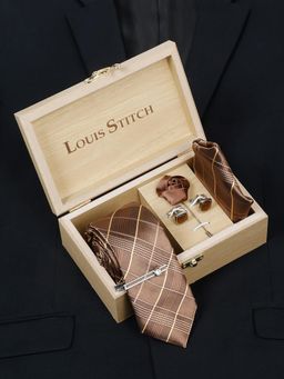 Louis Stitch - Men Checkered Brown Silk Necktie Accessory Gift Set