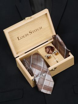 Louis Stitch - Men Checkered Brown Silk Necktie Accessory Gift Set