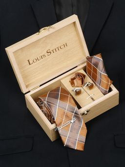 Louis Stitch - Men Checkered Brown Silk Necktie Accessory Gift Set