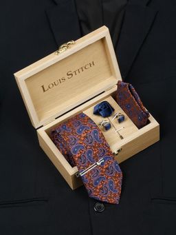 Louis Stitch - Men Italian Brown Silk Necktie Accessory Gift Set