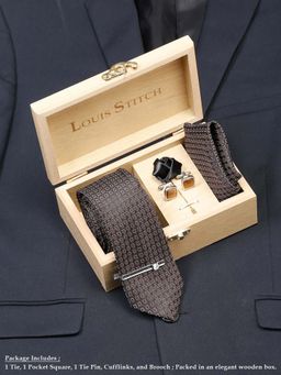 Louis Stitch - Men Chocolate Brown Silk Necktie Accessory Gift Set