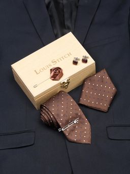 Louis Stitch - Men Polka Dots Brown Silk Necktie Accessory Gift Set