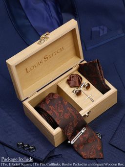 Louis Stitch - Men Coffee Brown Silk Necktie Accessory Gift Set