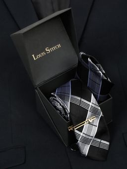 Louis Stitch - Men Checkered Black Silk Necktie Accessory Gift Set