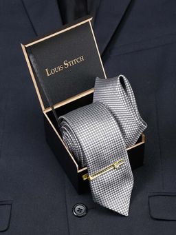 Louis Stitch - Men Checkered Black Silk Necktie Accessory Gift Set