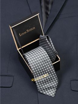 Louis Stitch - Men Checkered Black Silk Necktie Accessory Gift Set