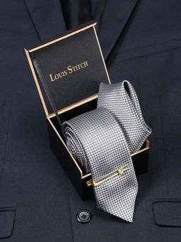 Louis Stitch - Men Checkered Black Silk Necktie Accessory Gift Set