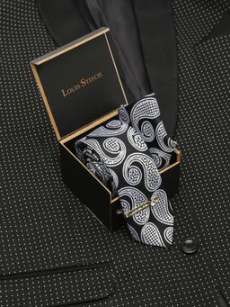 Louis Stitch - Men Midnight Black Silk Necktie Accessory Gift Set