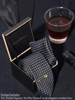 Louis Stitch - Men Polka Black Silk Necktie Accessory Gift Set