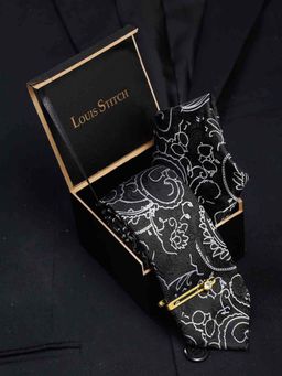 Louis Stitch - Men Onyx Black Silk Necktie Accessory Gift Set