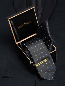 Louis Stitch - Men Metal Black Silk Necktie Accessory Gift Set