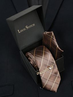Louis Stitch - Men Checkered Brown Silk Necktie Accessory Gift Set
